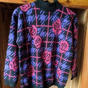 Vintage Plaid Roses Sparkly Sweater